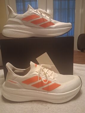 adidas Ultra Boost 5X White Athletic Running Shoes with Orange Stripes
